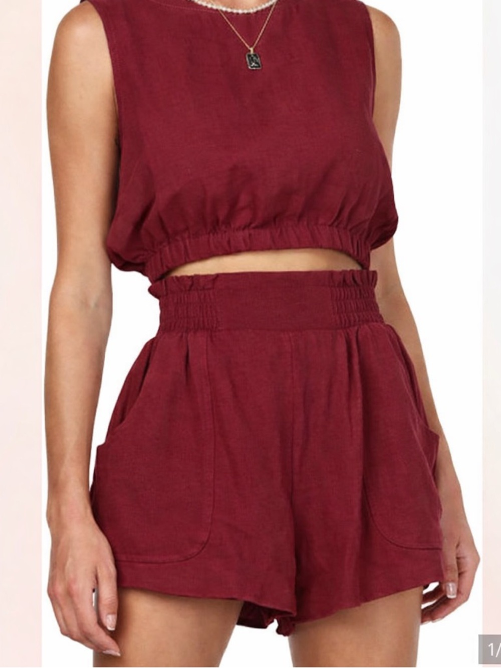 Automet Maroon Red Sleeveless Crop Top & High-Waist Shorts 100% Cotton Set